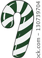 Green candy cane with white stripes, a festive holiday treat perfect for Christmas designs. 130739704