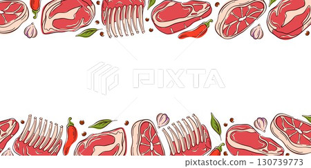 Border frame of raw meat steak, ribs and spices with garlic, chili and herbs drawn in flat style on a white background. 130739773