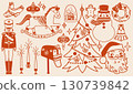 Outline vintage set of Christmas and New Year elements for winter holiday design. xmas decorated tree, santa, snowman and others. 130739842
