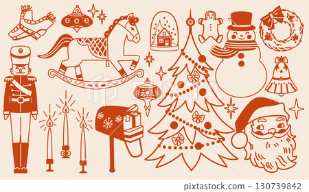 Outline vintage set of Christmas and New Year elements for winter holiday design. xmas decorated tree, santa, snowman and others. 130739842