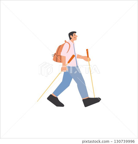 Hiker trekking, traveler with hiking gear, adventure hiker on mountain trail, backpacking traveler exploring nature, outdoor trekking journey, active lifestyle, wanderlust and hiking adventure 130739996