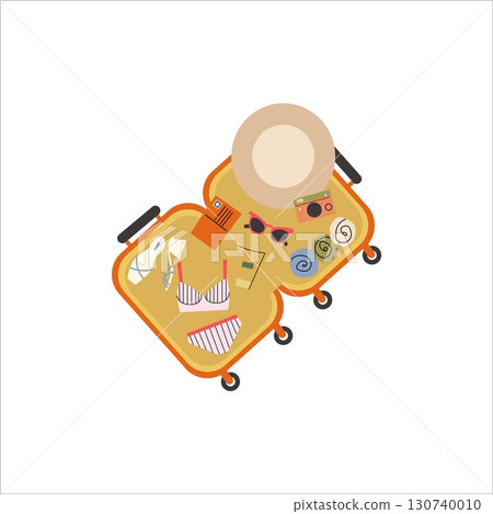 Open suitcase with vacation clothes and accessories, packed travel luggage, holiday suitcase with summer outfits, traveler bag ready for trip, tourism essentials, journey preparation and adventure Open suitcase with vacation clothes and accessories, packed travel luggage, holiday suitcase with summer outfits, traveler bag ready for trip, tourism essentials, journey preparation and adventure 130740010