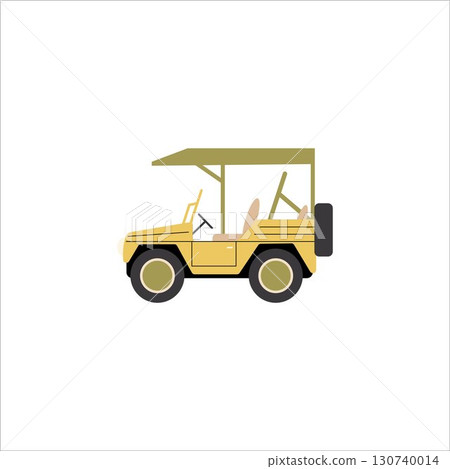 Safari jeep. Jeep car, adventure. Vector safari travel compass, rifle, binoculars and jeep car. Cartoon flat vector illustration. Concept of adventure and outdoor travel. Vector illustration 130740014