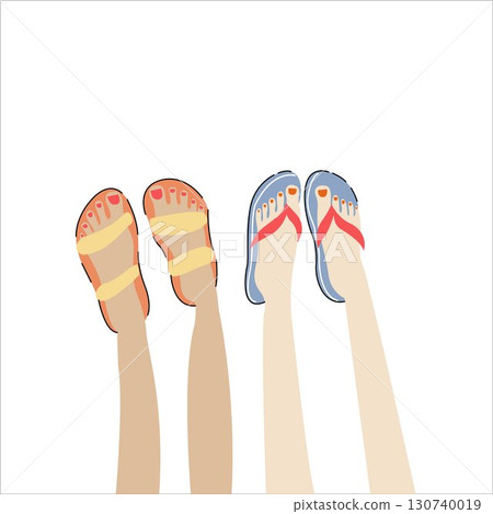 Flip flops on sandy beach. Summer Flip Flops. Flip flops on the beach. Summer vector illustration for banner, card, invitation, sales. Beautiful female legs with painted nails in flip-flops. 130740019