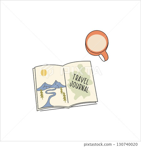 Travel journal with drawings. Open paper diary vector illustration. Cartoon cute notebook for handwritten notes. Cartoon vector travel diary with handwritten notes on the isolated background Travel journal with drawings. Open paper diary vector illustration. Cartoon cute notebook for handwritten notes. Cartoon vector travel diary with handwritten notes on the isolated background 130740020