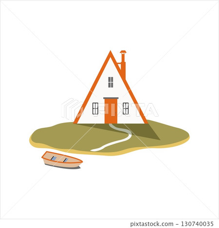 Cozy cabin by the lake with a boat. Natural hotel cabin. Vector illustration. Serene Landscape with a Winding River and Cozy Cabin. Beautiful landscape for summer glamping recreation Cozy cabin by the lake with a boat. Natural hotel cabin. Vector illustration. Serene Landscape with a Winding River and Cozy Cabin. Beautiful landscape for summer glamping recreation 130740035