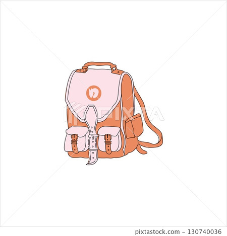 Backpack with travel gear. Hiking backpack. Camping rucksack. Flat graphic vector illustration isolated on white background. Backpack with buckles and pockets. Represents adventure, travel gear 130740036