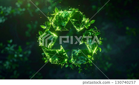 Close-up of a recycling symbol made of green leaves 130740257