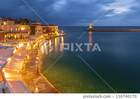 Chania Venetian Harbor Greece night lights Chania Venetian Harbor Greece night lights 130740270