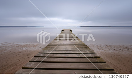 Wooden pier stretching into calm lake under cloudy sky Wooden pier stretching into calm lake under cloudy sky 130740357