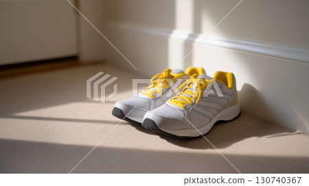 Pair of white and yellow sports shoes placed on floor in natural light 130740367