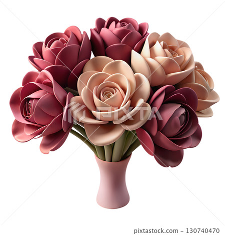 Bouquet of stylized 3d roses in burgundy and peach shades, romantic floral arrangement isolated Bouquet of stylized 3d roses in burgundy and peach shades, romantic floral arrangement isolated 130740470