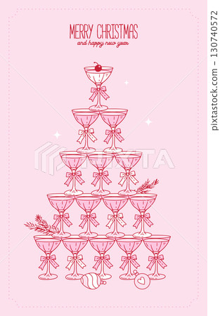 Coquette Christmas greeting card with champagne tower. Elegant contour vintage vector hand drawn illustration of glass pyramid with elegant girly bows. Coquette Christmas greeting card with champagne tower. Elegant contour vintage vector hand drawn illustration of glass pyramid with elegant girly bows. 130740572