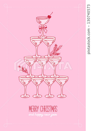 Vintage Christmas greeting card with champagne tower on pink background. Vector contour hand drawn line elegant illustration of cocktail glasses pyramid with cute bows and fir branches. Vintage Christmas greeting card with champagne tower on pink background. Vector contour hand drawn line elegant illustration of cocktail glasses pyramid with cute bows and fir branches. 130740573