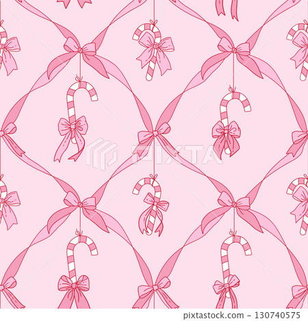 Coquette pink Seamless pattern of hand drawn vintage Christmas ornament including hanging candy canes with bows on satin ribbon checkered grid background. Vector contour hand drawn design. 130740575