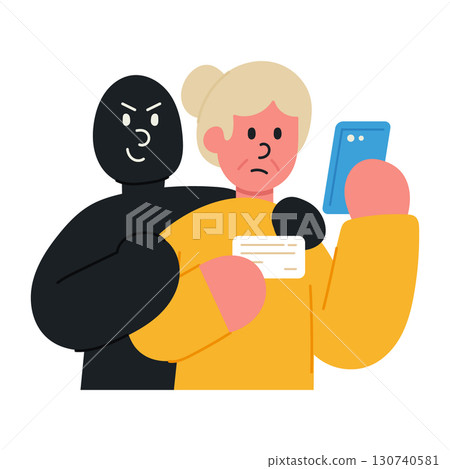 Vector illustration of impersonation scam concept. A scammer in black character is deceiving an elderly woman, stealing her personal information. Online fraud, identity theft, and cybercrime concept. Vector illustration of impersonation scam concept. A scammer in black character is deceiving an elderly woman, stealing her personal information. Online fraud, identity theft, and cybercrime concept. 130740581