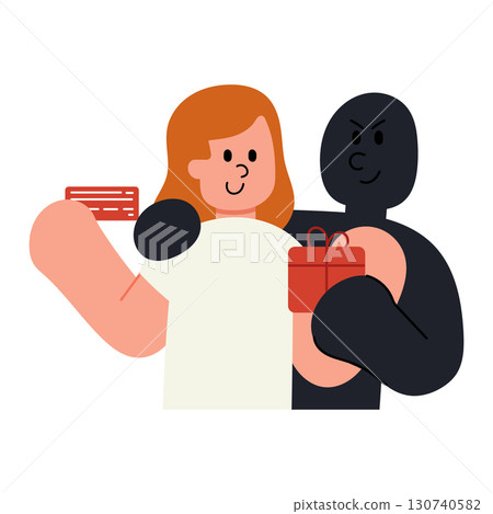 Vector illustration of lottery scam concept. A scammer in black character is tricking a woman by offering a fake lottery prize or gift. Online fraud, phishing, and cybercrime concept. 130740582