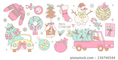 Set of Pastel Coquette Christmas elements and characters - Xmas tree and Snowman, Pink and Mint Green Doodle Hand Drawn whimsical baubles, cars, gingerbread with cute bows. Vector illustration. 130740584