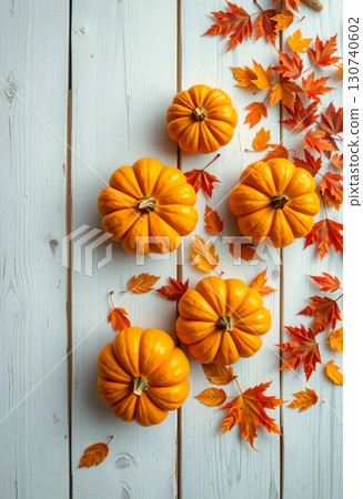 Decorative pumpkins with autumn foliage on clean wooden surface 130740602