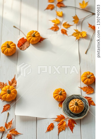 Autumn harvest pumpkins with orange leaves on rustic white panel 130740603