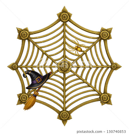 Halloween decoration material combining a golden spider web with a witch's hat and broom Halloween decoration material combining a golden spider web with a witch's hat and broom 130740853