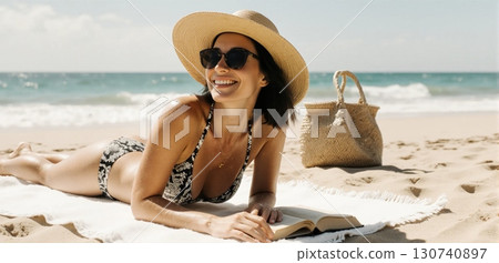 Smiling woman reading book and sunbathing on sandy beach with summer vibes 130740897