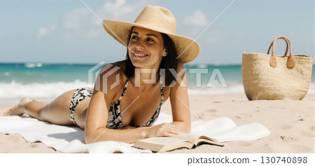 Smiling woman reading book and sunbathing on sandy beach with summer vibes 130740898
