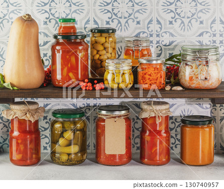 Autumn seasonal pickled or fermented vegetables and mushrooms in jars placed in rows on wooden bord on tile wall background. Fall home food preserving or canning. Vegetarian and vegan foods, close up 130740957