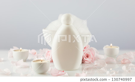 Spa relax composition with white cosmetic bottle, soap foam, candles and rose petals on white table. Wellness and skin care treatment. Mock up of bath beauty product. Concept of me time and self care Spa relax composition with white cosmetic bottle, soap foam, candles and rose petals on white table. Wellness and skin care treatment. Mock up of bath beauty product. Concept of me time and self care 130740997