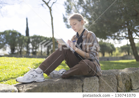 Young woman writing in notebook in park surrounded by trees 130741070