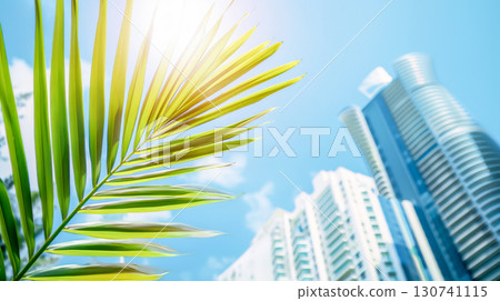 Palm leaf against backdrop of modern skyscrapers under bright blue sky, blending tropical nature with urban architecture. Ideal for promoting luxury travel, city escapes, or tropical urban living Palm leaf against backdrop of modern skyscrapers under bright blue sky, blending tropical nature with urban architecture. Ideal for promoting luxury travel, city escapes, or tropical urban living 130741115