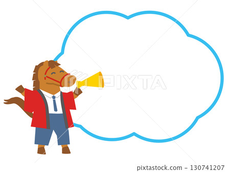 2026 Year of the Horse Illustration of a horse character salesperson wearing a red happi coat with copy space 130741207