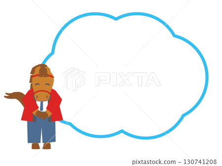 2026 Year of the Horse Illustration of a horse character salesperson wearing a red happi coat with copy space 130741208