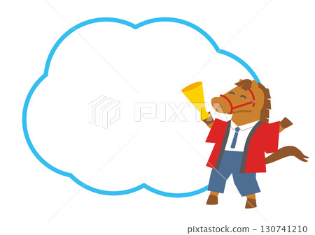 2026 Year of the Horse Illustration of a horse character salesperson wearing a red happi coat with copy space 130741210