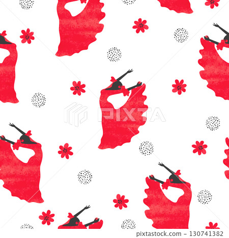Seamless watercolor flamenco dancer pattern. Spanish dancing woman 130741382