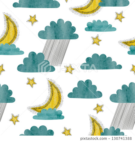 Seamless pattern with moon, clouds and stars. Vector watercolor night illustration 130741388