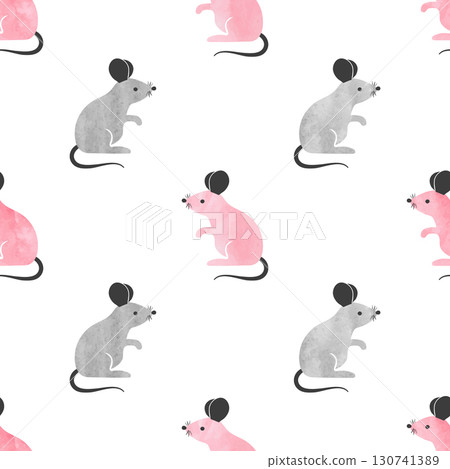 Seamless pink and grey cute mouse pattern. Vector background with cartoon mice 130741389
