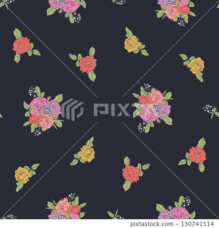 Vintage line art pink rose sprigs seamless pattern with black backdrop. Romantic floral composition repeat background 130741514