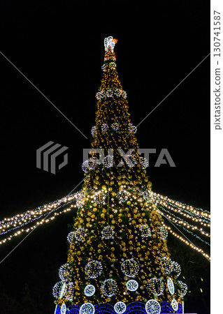 Decorated Christmas tree with multi-colored lights at night Decorated Christmas tree with multi-colored lights at night 130741587