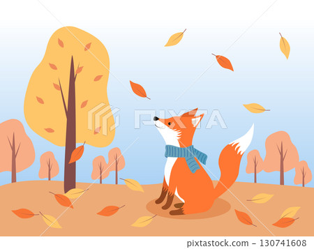 Fox cub in the autumn forest. A cute fox sits against the background of autumn trees and falling leaves. Autumn vector illustration. 130741608