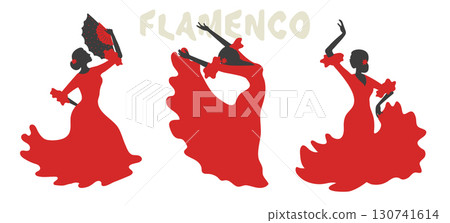 Flamenco dancer vector illustration. Set of dancing Spanish women 130741614