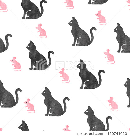 Cute seamless vector pattern with watercolor black cats and pink mice 130741620