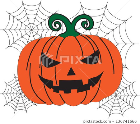 Spooky Halloween pumpkin with a sinister face and two spiderwebs on either side, perfect for seasonal designs. Spooky Halloween pumpkin with a sinister face and two spiderwebs on either side, perfect for seasonal designs. 130741666