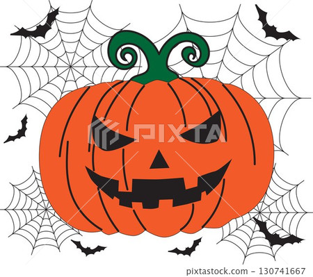 Spooky Halloween pumpkin with a sinister face and two spiderwebs on either side, perfect for seasonal designs. Spooky Halloween pumpkin with a sinister face and two spiderwebs on either side, perfect for seasonal designs. 130741667