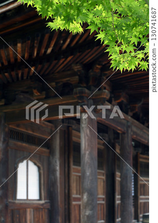 Temple main hall and green maple leaves 130741687