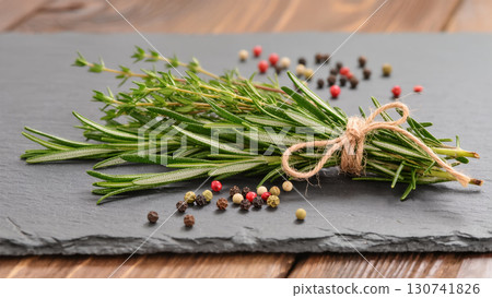 Fresh rosemary and thyme bundle with peppercorns on slate plate, ideal for culinary and spice-themed compositions Fresh rosemary and thyme bundle with peppercorns on slate plate, ideal for culinary and spice-themed compositions 130741826