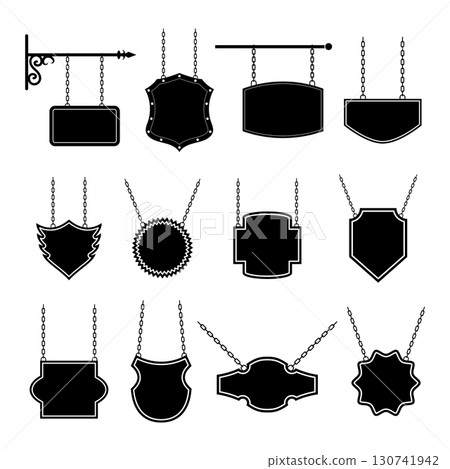 Set of Vintage Hanging Signboard Silhouettes with Chains. Vector Illustration. A collection of unique vintage hanging signboard silhouettes, each designed in a different shape and style. 130741942