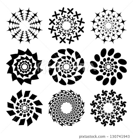 Set of Abstract Spiral Mandala Elements. Circular Vector Shapes. This set is ideal for designers seeking unique mandala inspired circular patterns with a modern, abstract aesthetic 130741943