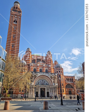 Westminster Cathedral, majestic Byzantine style, Roman Catholic cathedral built with striking red and white brickwork and a tall campanile. Prominent religious and architectural landmark in London, UK 130741953