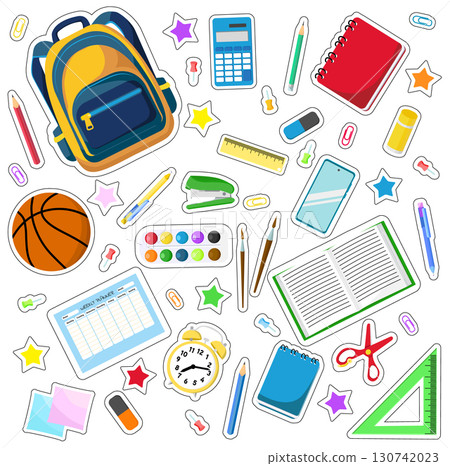 Colorful school supplies with backpack and stationery on white background 130742023